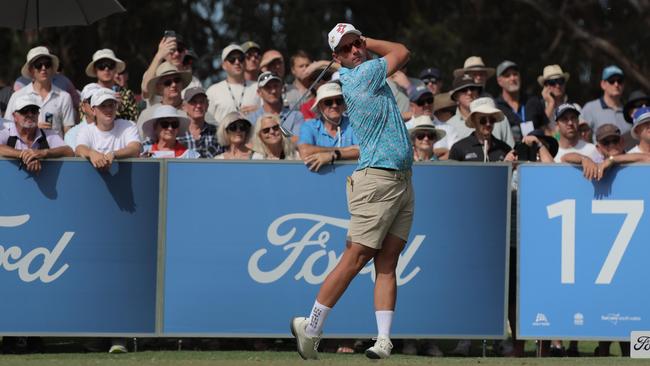 Lucas Herbert tees off during round 2 of the 2024 NSW Open at Murray Downs. Photo: NSW Golf / Scott Campbell