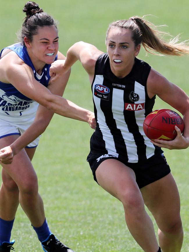 The Gaelic footballer in action for the Magpies in the AFLW. Picture: MICHAEL KLEIN