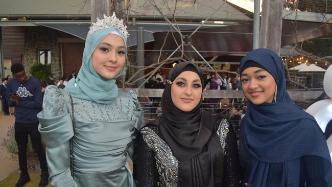 Noreen Shah, Mariam Tahir and Nazeerah Nadim at Runcorn State High School 2023 formal. Photos: Georgie Walker.