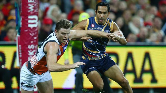 Heath Shaw battles Eddie Betts for the ball. Picture: Sarah Reed