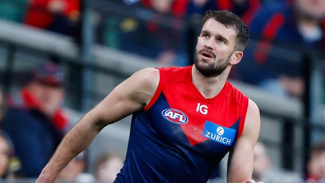 MELBOURNE, AUSTRALIA - AUGUST 20: Joel Smith of the Demons celebrates a goal during the 2023 AFL Round 23 match between the Melbourne Demons and the Hawthorn Hawks at Melbourne Cricket Ground on August 20, 2023 in Melbourne, Australia. (Photo by Dylan Burns/AFL Photos)