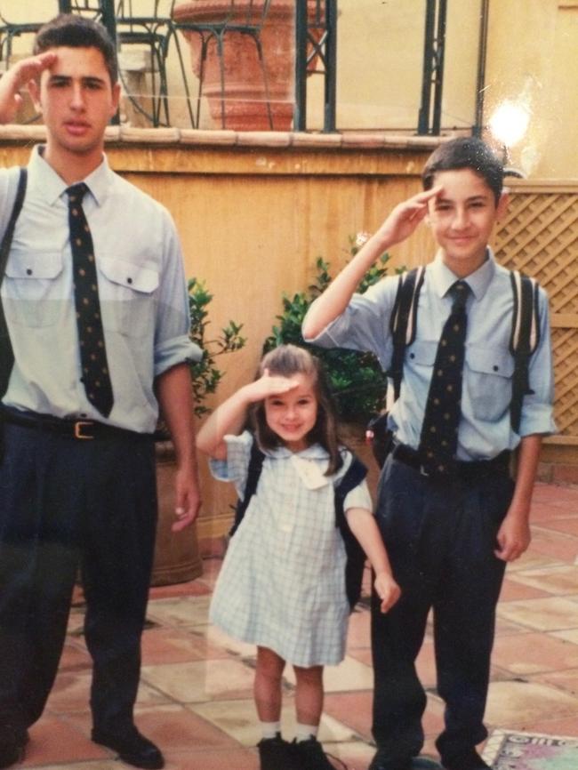 James, Chanel and James Contos as Sydney school kids. The brothers are strong supporters of their sister’s campaign for consent to be taught to high school boys at a young age.