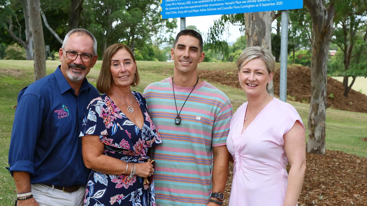 Queensland Minister for Child Safety Amanda Camm with Lloyd and Sue Clarke and their son Nat during a press conference in Brisbane. Picture: Supplied Premiers Office