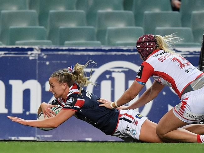 Touches down for a try on debut. Pic: AAP