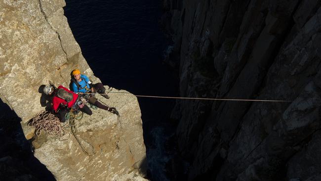 Paul Pritchard, mountaineer paralysed down one side, climbing the Totem Pole in Tasmania in 2016. Pic supplied.