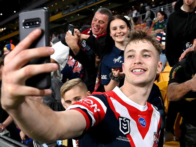 BRISBANE, AUSTRALIA - MAY 15: Sam Walker of the Roosters celebrates with the fans after the round 10 NRL match between the Sydney Roosters and the North Queensland Cowboys at Suncorp Stadium, on May 15, 2021, in Brisbane, Australia. (Photo by Bradley Kanaris/Getty Images)