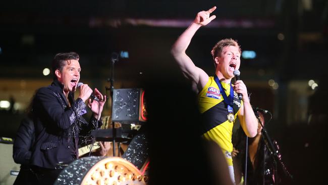 Jack Riewoldt onstage with The Killers on the MCG. Picture: Getty