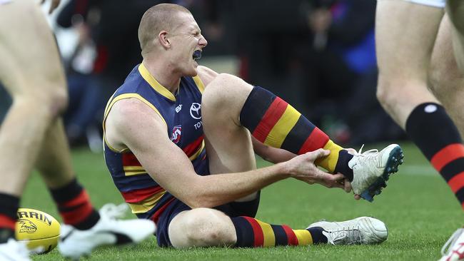 Sam Jacobs suffered a left ankle injury in Adelaide’s game against Essendon. Picture: Sarah Reed