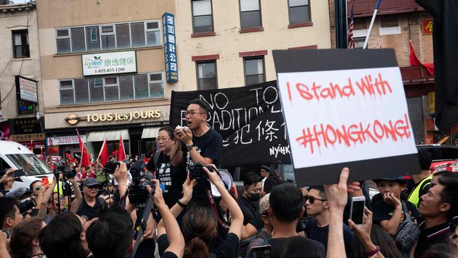 Hong Kong Civic Party leader Alvin Yeung delivers a speech in Confucius Plaza on August 17, 2019 in New York in support of protesters in Hong Kong. Picture: AFP