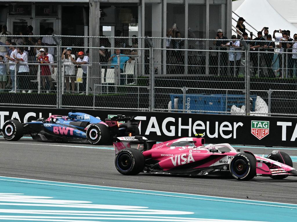 Jack Doohan and Liam Lawson collided in the opening lap in Miami. Picture: Chandan Khanna/AFP
