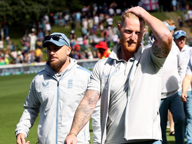 WELLINGTON, NEW ZEALAND - FEBRUARY 28: England coach Brendon McCullum and captain Ben Stokes leave the field at the end day five of the Second Test Match between New Zealand and England at Basin Reserve on February 28, 2023 in Wellington, New Zealand. (Photo by Phil Walter/Getty Images)