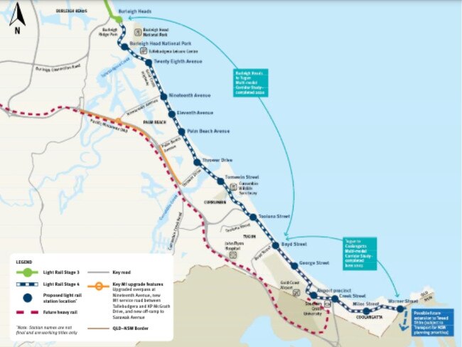 Gold Coast transport map showing future light rail and heavy rail to the border.