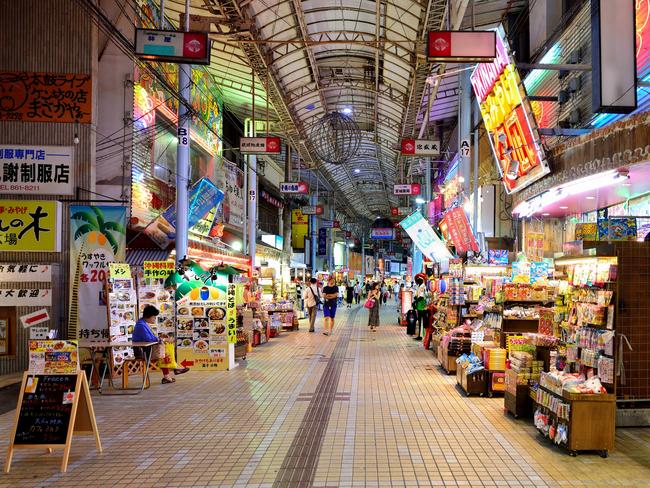 Makishi Public Market, in Naha, Okinawa Prefecture, Japan, is a famous shopping street at night.