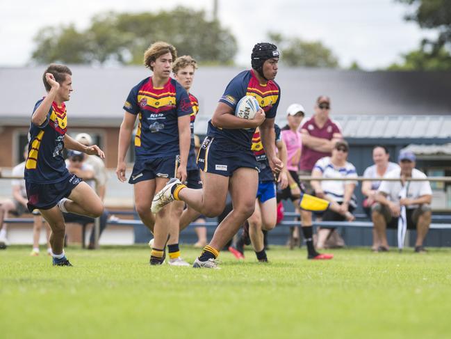 De La Salle Va'a on the move for Western Mustangs against Redcliffe Dolphins in Cyril Connell Challenge trial match rugby league at Glenholme Park, Saturday, February 20, 2021. Picture: Kevin Farmer