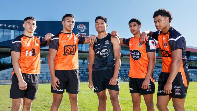 Wests Tigers rising stars Phoenix Godinet, Christian Tapau-Moors, Heamasi Makasini, Onitoni Large and Peter Tai. Picture: Max Mason-Hubers