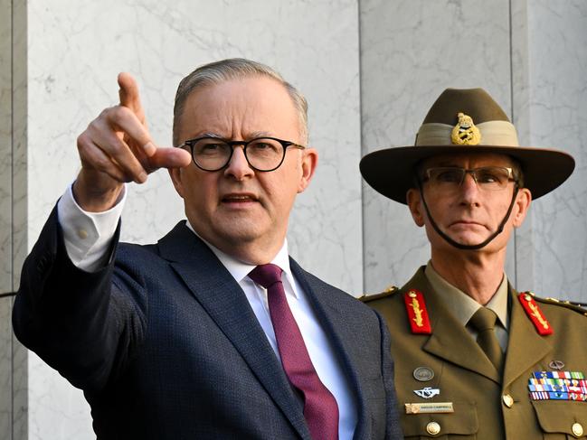 Australian Prime Minister Anthony Albanese and Chief of the Australian Defence Force (ADF) Angus Campbell speak to the media duing a press conference after the release of the Defence Strategic Review at Parliament House in Canberra, Monday, April 24, 2023. (AAP Image/Lukas Coch) NO ARCHIVING