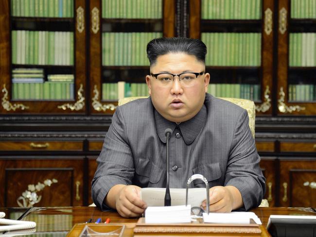North Korean leader Kim Jong Un delivers a statement in response to U.S. President Donald Trump's speech to the United Nations. Picture: KCNA/AP