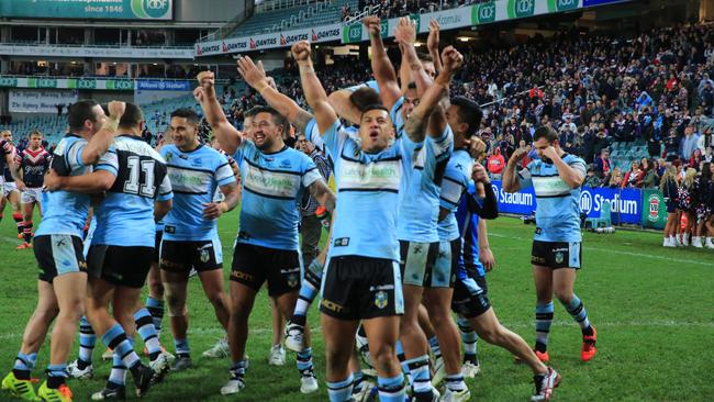 Cronulla Sharks celebrate a win at Allianz Stadium, also mentioned in rebuild plans. Picture: Mark Evans