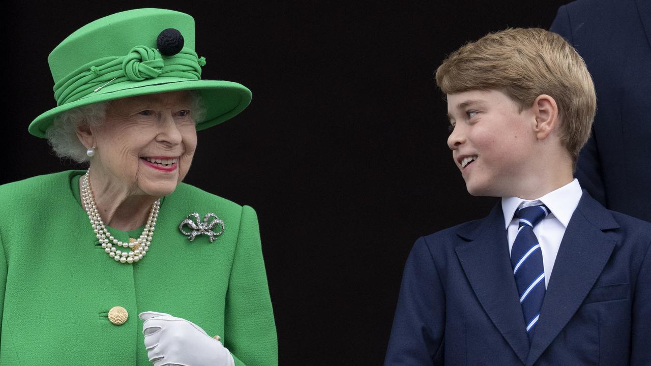 The late Queen Elizabeth II and Prince George of Cambridge pictured on the balcony at Buckingham Palace. Picture: Mark Cuthbert/UK Press via Getty Images