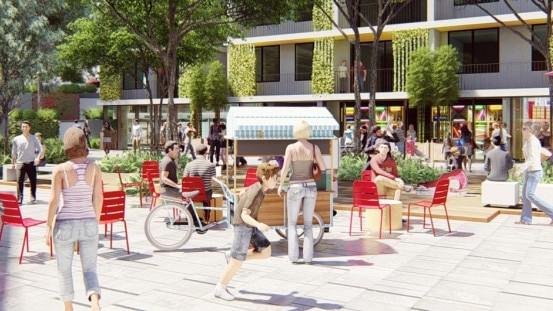 An artist's impression of the proposed Belrose Village Square development with more than 50 apartments above shops and cafes around a central plaza. Picture: Supplied