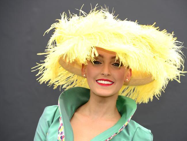 Letitia Sindt all dressed up at Flemington Racecourse on Melbourne Cup Day 2014. Picture: Stephen Harman