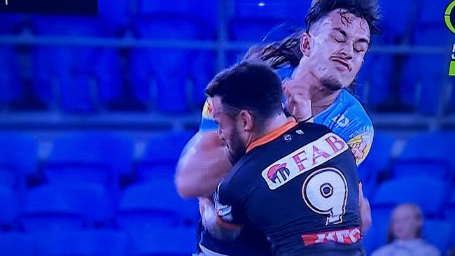 Tino Fa’asuamaleaui will be public enemy No. 1 in Origin II, after leaving Api Koroisau with a broken jaw after this collision. Picture: Fox League.