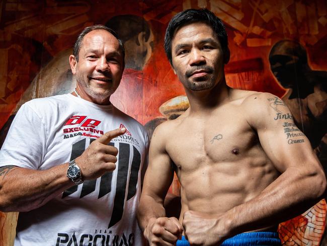 Aussie trainer, Justin Fortune, poses with Manny Pacquiao in 2021. Picture: JP Yim/Getty Images