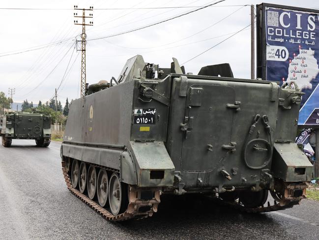 Lebanese Army troops patrol the main road south of the Litani River in Qasmiye near the port city of Tyre on November 27, 2024, after a ceasefire between Israel and Hezbollah took effect. Picture: AFP