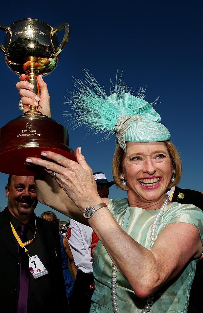 Gai Waterhouse holds the Cup after winning with Damien Oliver aboard Fiorente. Picture: Colleen Petch