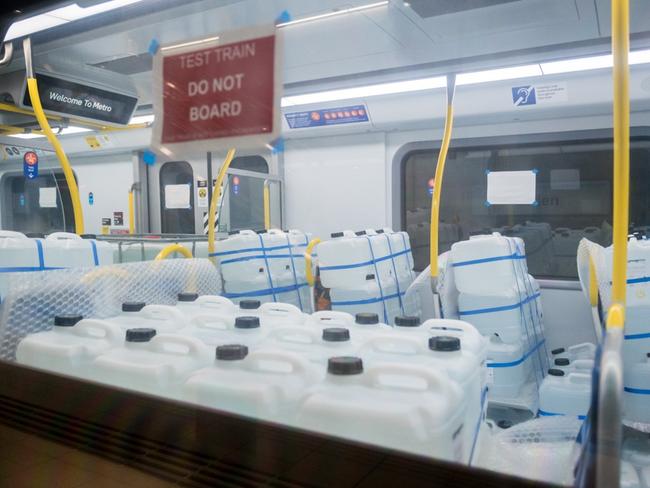 Water tanks were strapped in in place of passengers to ensure the stability of the carriages. Picture: Metro Tunnel