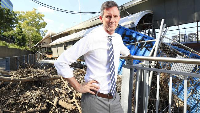 Transport and Main Roads Minister Mark Bailey at the site. Mr Bailey, a keen cyclist, said he had progressed the removal timeline as quickly as possible to reopen the bikeway. Picture: Adam Head