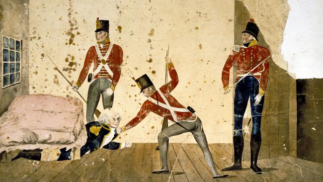 An illustration depicting how Governor William Bligh was rumoured to have been arrested by the NSW Corps at Government House in Sydney during the Rum Rebellion in 1808.