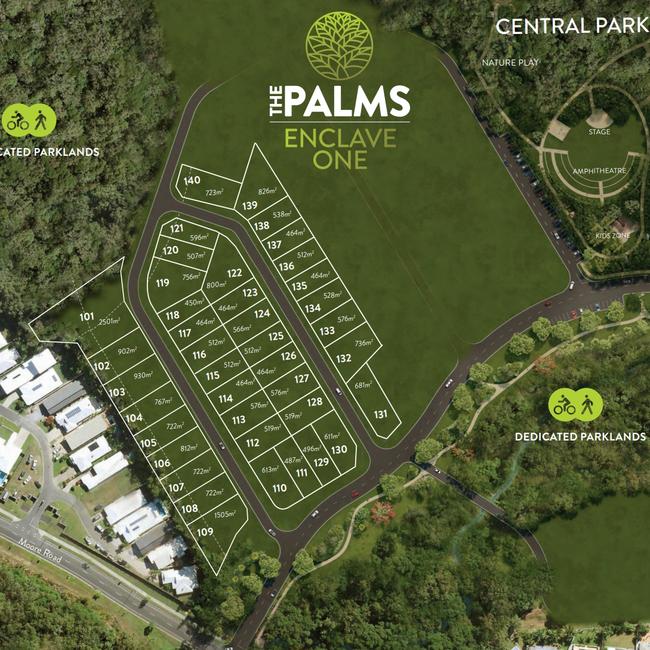 The Stage 1 land release of The Palms' Enclave One neighbourhood includes 40 blocks ranging from 450sq m up to 2501sq m. Picture: Supplied