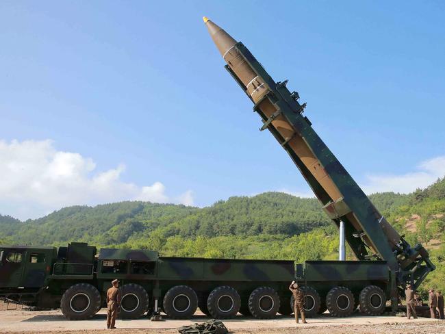 The test-fire of the intercontinental ballistic missile Hwasong-14 at an undisclosed location used a mobile launcher with wheels. Picture: AFP/KCNA via KNS