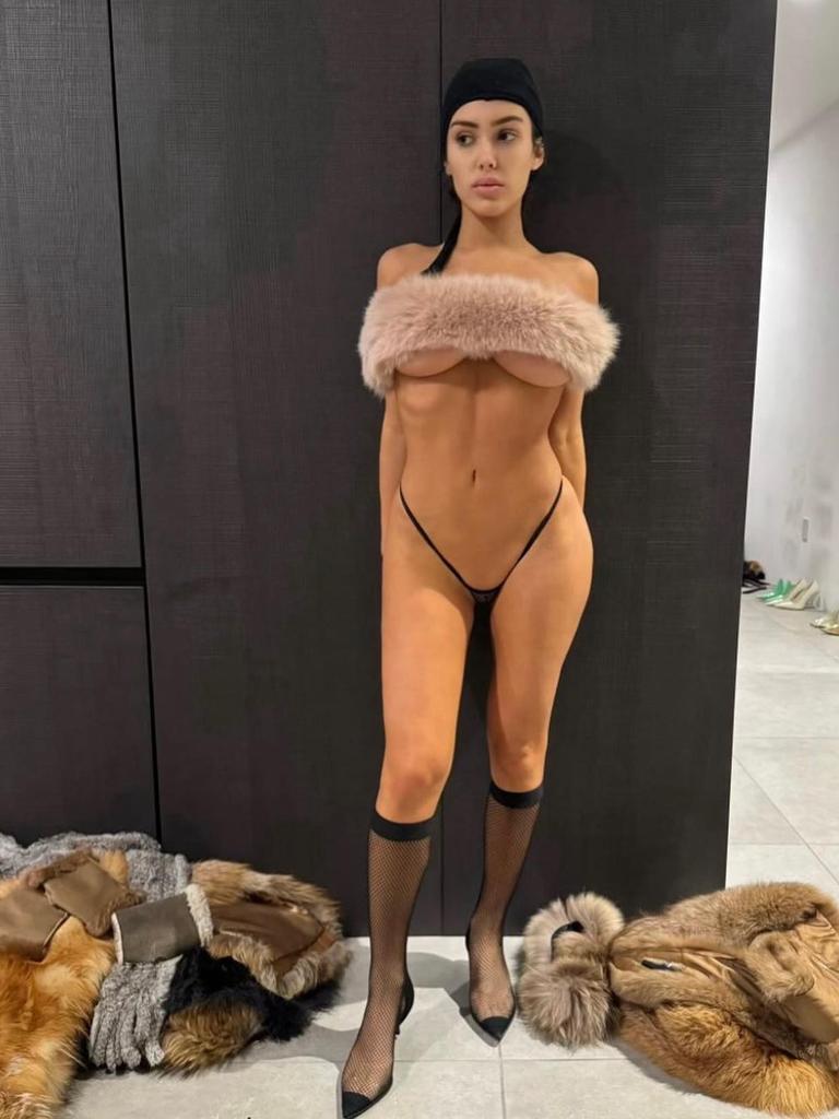 Melbourne-born architect Bianca Censori modelled a tiny black bikini in social media photos. Picture: Instagram / @kanyewest