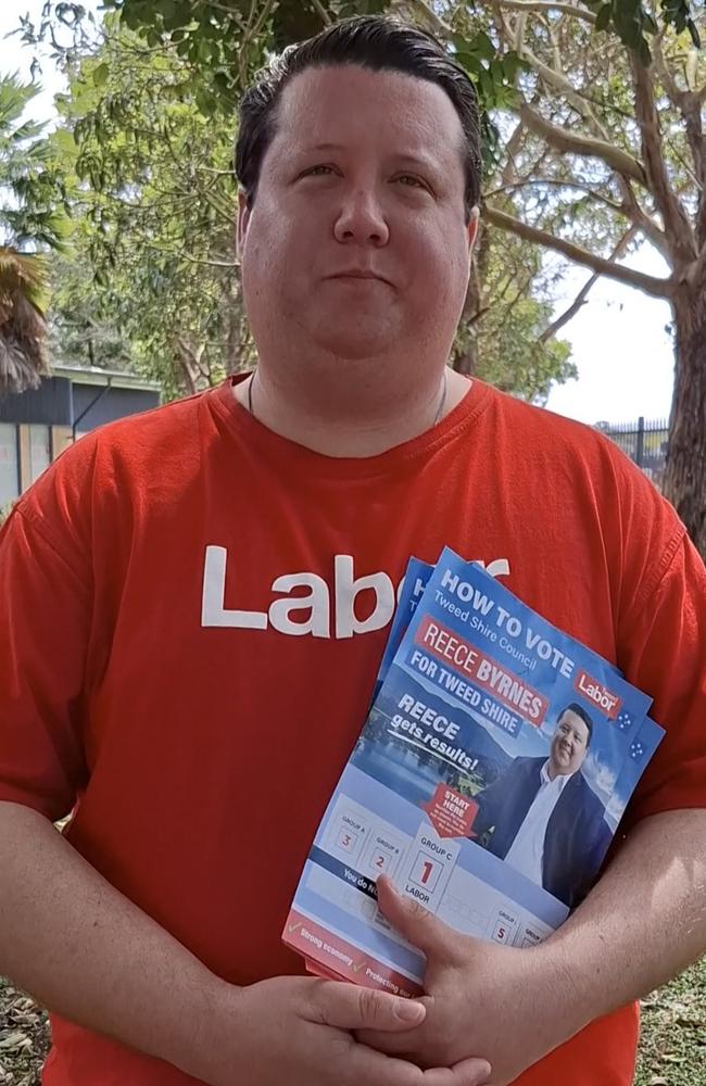 Labor candidate Reece Byrnes at the Banora Point High School polling booth on Saturday. Picture: Sam Stolz