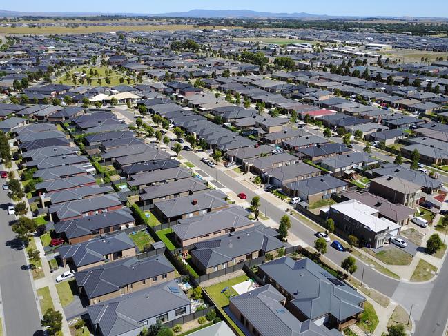 Backyards are shrinking! The Karabatak family of  Craigieburn and their small backyard. Aerial view of Craigieburn houses. Picture: Alex Coppel.