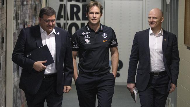 President Mark LoGiudice, coach David Teague and Carlton CEO Cain Liddle. Picture: Michael Klein.