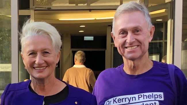 Michael Jones on election day with Kerryn Phelps just two days after he was released from hospital. Picture: Supplied.