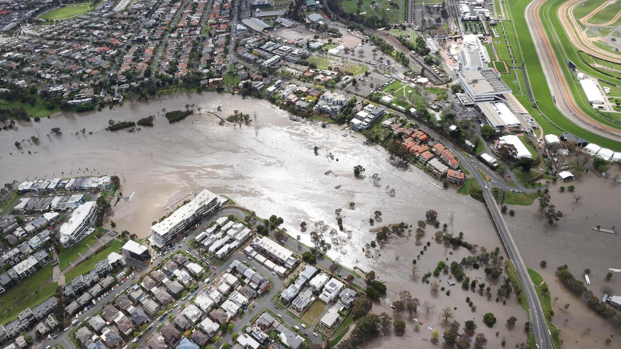 Aerial photos of floodwaters threatening homesby the Maribyrnong River. Picture: David Caird