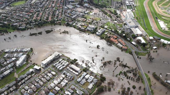 Aerial photos of floodwaters threatening homesby the Maribyrnong River. Picture: David Caird