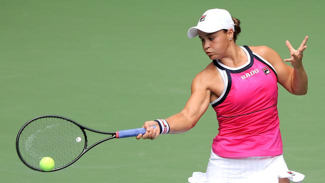 Ashleigh Barty returns a shot during her Women's Singles fourth round match against Qiang Wang of China on day seven of the 2019 US Open.