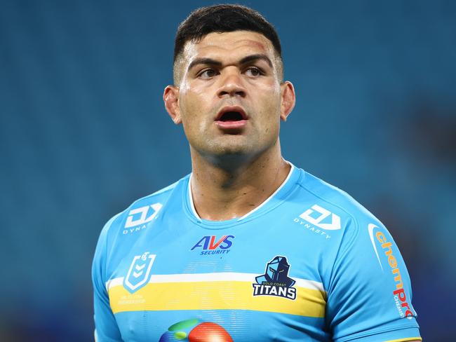 GOLD COAST, AUSTRALIA - MARCH 30: David Fifita of the Titans looks on during the round four NRL match between Gold Coast Titans and Dolphins at Cbus Super Stadium, on March 30, 2024, in Gold Coast, Australia. (Photo by Chris Hyde/Getty Images)