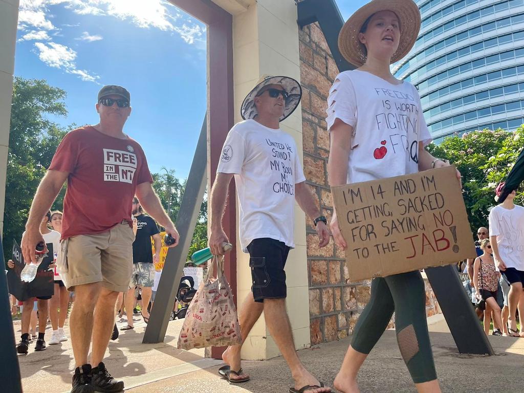 Protesters at the freedom rally in Darwin CBD on October 30, 2021. Picture: Amanda Parkinson