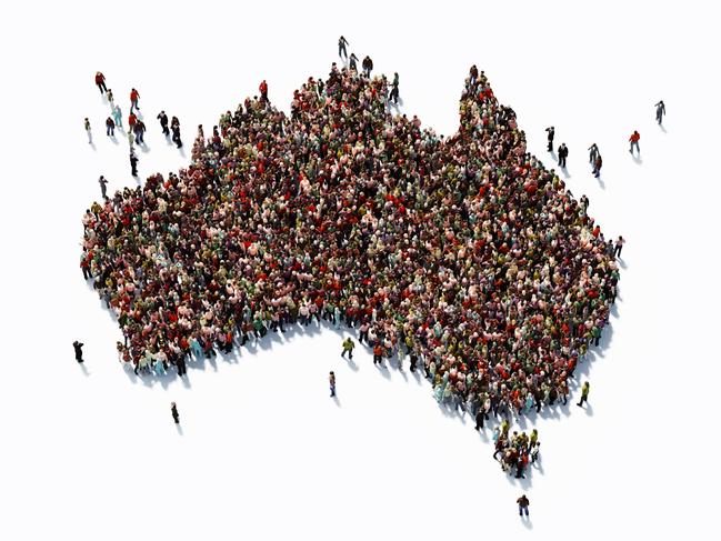 Human crowd forming a big Australian map on white background. Horizontal composition with copy space. Clipping path is included. Population and Social Media concept.