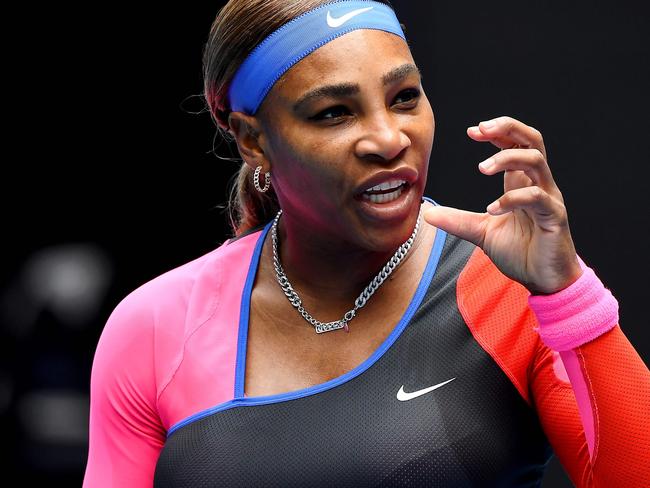 Serena Williams of the US reacts after a point against Germany's Laura Siegemund during their women's singles match on day one of the Australian Open tennis tournament in Melbourne on February 8, 2021. (Photo by William WEST / AFP) / -- IMAGE RESTRICTED TO EDITORIAL USE - STRICTLY NO COMMERCIAL USE --