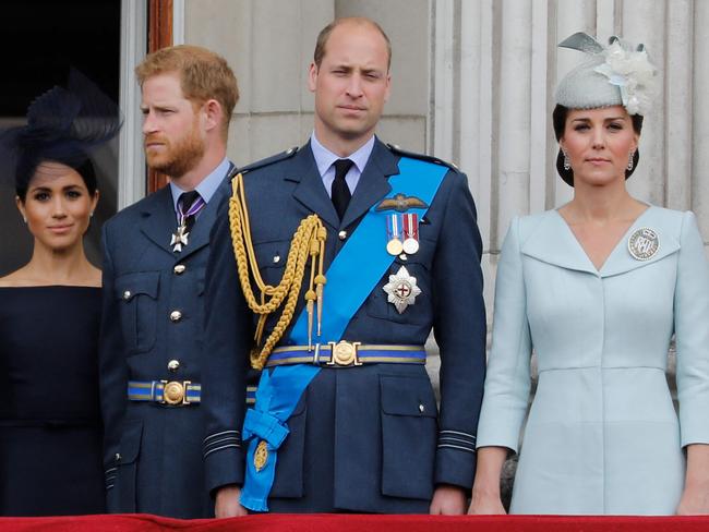 The couples stand on the balcony of Buckingham Palace on July 10, 2018, to watch a military fly-past to mark the centenary of the Royal Air Force. Picture: AFP