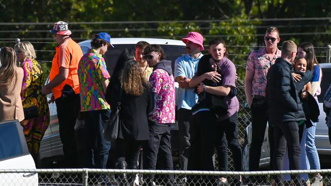 Friends and family of Antonio Loiacono at his funeral at Hope Valley Football Club oval. Picture: NCA NewsWire / Naomi Jellicoe