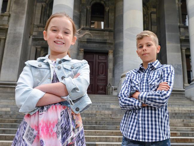 10 year olds Lori Morath and Oliver Straga outside Parliament House have big ideas if they were to run the state, October 24, 2020. Picture: Brenton Edwards