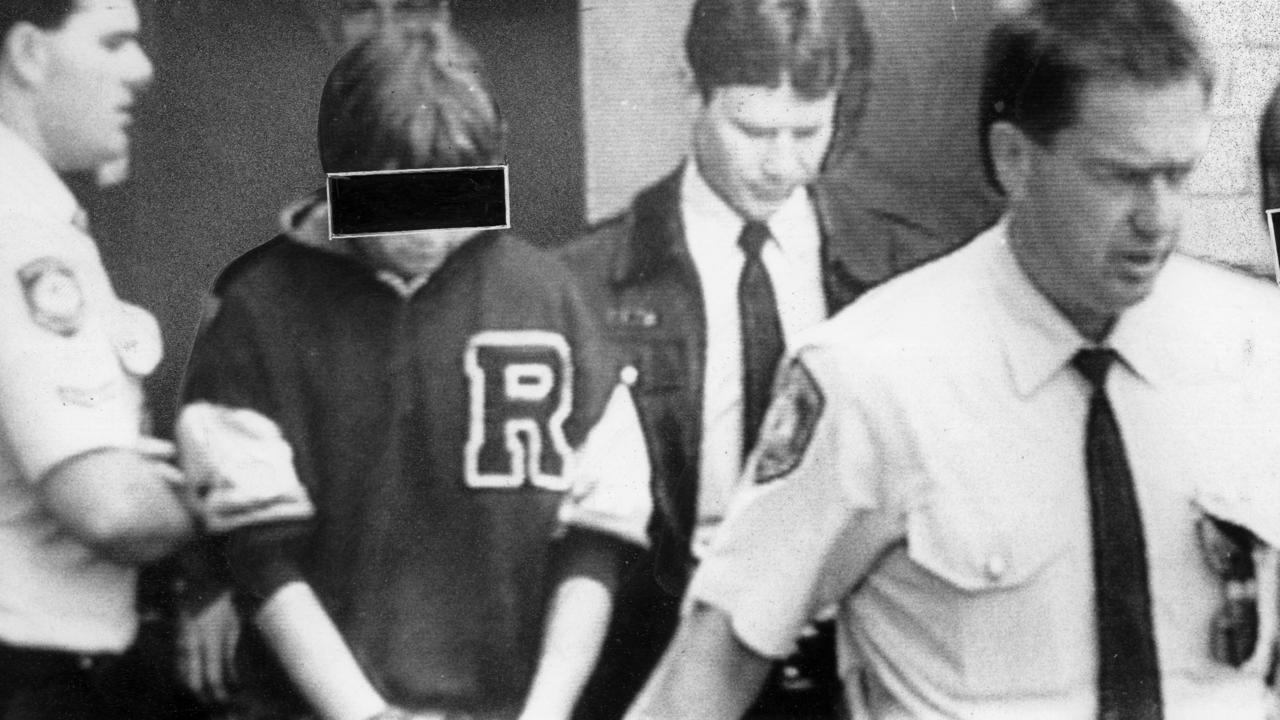 Wilmot (left, with eyes covered) was a teen when he was jailed for his role in Ms Balding’s death. Picture: Channel 7